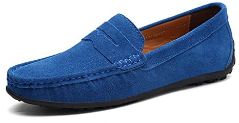Driving Moccasins for Men Genuine Leather Round Toe Stitching Details Suede Vamp Rubber Sole Penny Loafer Lightweight Resistant Flexible Anti-Slip (Color : Light Blue, Size : 10 UK)