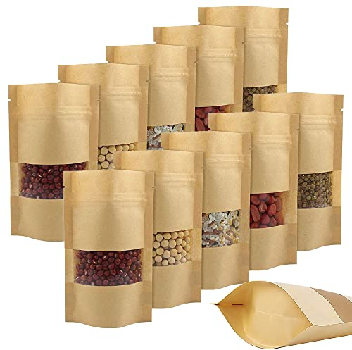 150Pcs Kraftpapier Tüten mit klarem Fenster,9cm*14cm Standbeutel aus Kraftpapier,Braun Wiederverwendbar Kleine Papiertütchen für Nüsse, Kaffeebohnen, Teeblätter, Gewürze