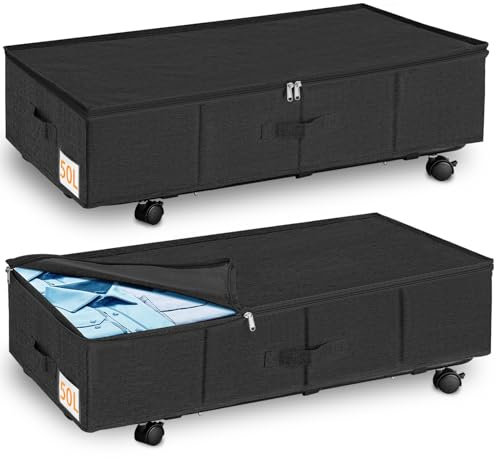 JUPELI Organiseur de rangement sous le lit à roulettes et support inférieur en métal, grande boîte de rangement pour vêtements, couvertures, noir, 22 cm de haut