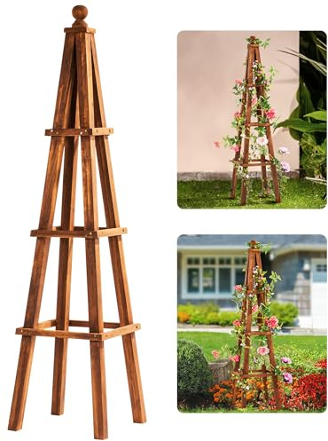Idzo 61-Inch Wood Obelisk Trellis for Climbing Plants, Outdoor & Indoor Garden Decor, Light Brown, Durable, Space-Saving, Easy Assembly, Ideal for Patio & Yard – Upgraded 2025