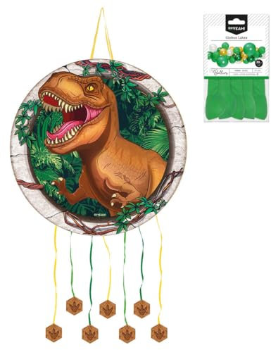 OH YEAH - Piñata Dinosaurio Rex Cumpleaños Grande Ø 47 cm + 10 Globos Verde 30cm - Decoración Fiestas Infantiles - Piñatas Grandes para Rellenar - Juguetes y Chuches - FÁCIL DE RELLENAR