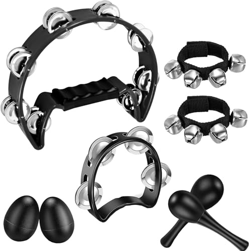 8 Pcs Tambourines for Adults Metal Jingles Hand Held Percussion Half Moon Tambourine, 4 Bells Tambourine, Wrist Bells, Egg Shakers, Sand Hammer, Hand Percussion Instrument Set for Party, KTV, Church