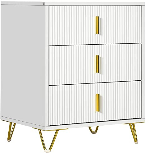 HOMCOM Modern 3 Drawer Dresser Fluted with Metal Legs for Bedroom White
