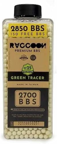 Bote 3000 Bolas trazadoras 0,25 Verdes Amarillas Raccoon para Airsoft, se iluminan en la Oscuridad con un silenciador trazador