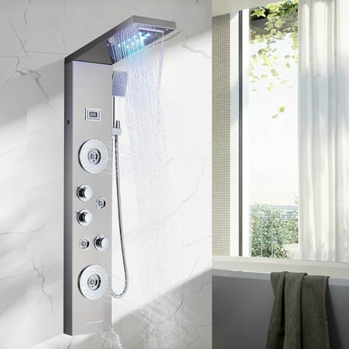 Hevenaov Panel de ducha LED multifuncional de níquel cepillado de acero inoxidable con 5 funciones de ducha, cascada, ducha de mano, para ducha de baño