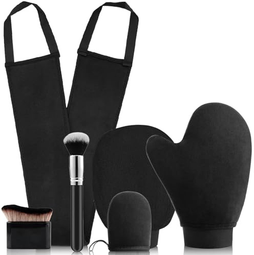 Tanning Mitt and Brush, 6 PCS Self Tanning Mit and Fake Tan Brush Set with 5 Tanning Mitt & 1 Tanning Brush, Velvet Material of Tanning Mitt Set, Washable And Reusable Tanning Brush for Body and Face