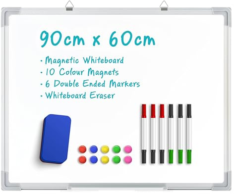 Magnetic Whiteboard 90 X 60 cm, Wall Hanging White Board with 10 Colour Magnets, 6 Double Ended Market Pens,Whiteboard Eraser, Drawing Memo Notice Board for Office, School