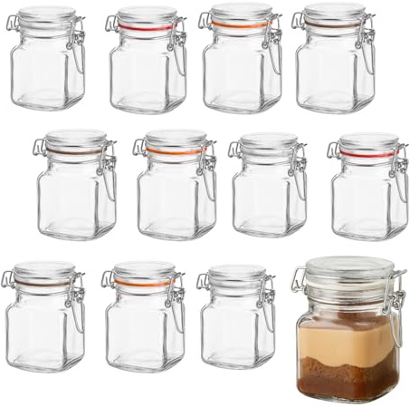 PALUPLUS 12 Barattoli in Vetro Quadrati con Coperchio da 100 ml, Misura 7x5x8 cm, Vasetto vuoto Chiusura a Clip Ermetica, per Marmellate, Spezie, Bomboniere, Guarnizione Colori Assortiti -358C -2,3