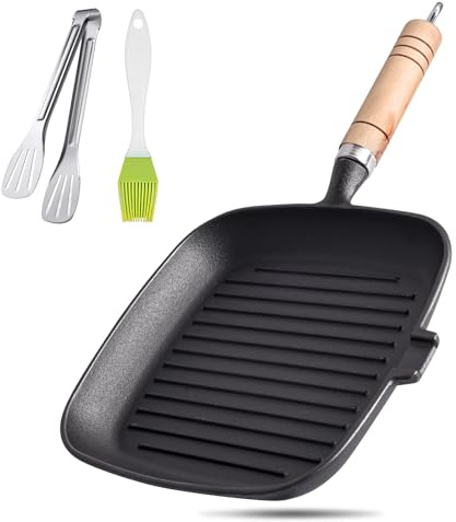 Taekooki Cast Iron Square Griddle Pan 22cm Grill Skillet Steak Pan with Tipping Spout, Suitable for Induction Gas and Camping Stoves, Includes Steak Tongs and Basting Brush