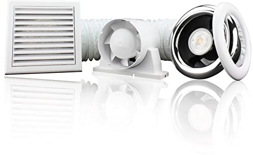 Blauberg UK 4 inch Complete Shower Kit with LED Light 12v Bulb (Run on Timer) Chrome & White Bezel Low Noise for Damp Condensation Control Bathroom Toilet Kitchen