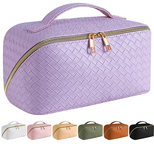 SFXULIX Large Capacity Travel Cosmetic Bag - Makeup Bag, PU Leather Waterproof Cosmetic Bag, Women Portable Travel Makeup Bag with Handle and Divider Flat Lay Makeup Organizer Bag, Purple
