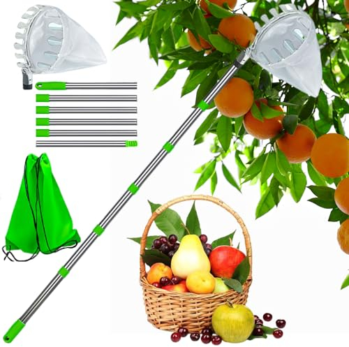 Cueille Fruit Télescopique Cueilleur de Fruits Amovible 2.4m Cueille-Fruits avec Sac Ramasse Pomme Fruits Cerise Outil à Cueillir de Fruits avec Poteau Réglable Léger et Sac de Rangement de Fruits