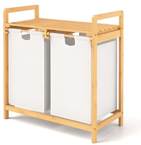 GOPLUS Wäschekorb 2 Fächer, Bambus Wäschesammler mit Ablage, Wäschebox Wäschesack Wäschesortierer ausziehbar und abnehmbar, 64 x 33 x 73 cm (Weiß)