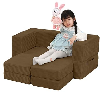 MeMoreCool Kinder Sofa aus Cord – Ausklappbare Mini Couch, Braun, Weiches Kindermöbel | Faltbares Schaumstoff-Sofa | Ideal fürs Kinderzimmer oder Schlafzimmer