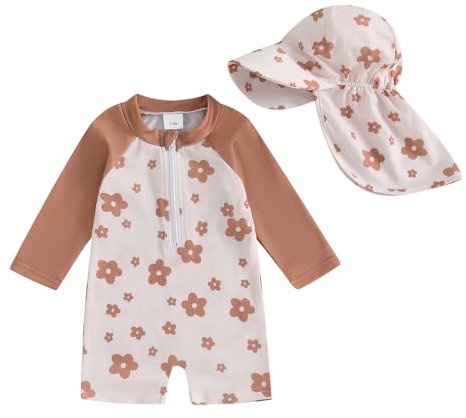 Carolilly Maillot de Bain Une Pièce Enfant Bébé Fille Anti-UV Combinaison Natation à Manches Longues Fermeture Eclair Swimwear avec Chapeau (Kaki Floral, 3-6 Mois)