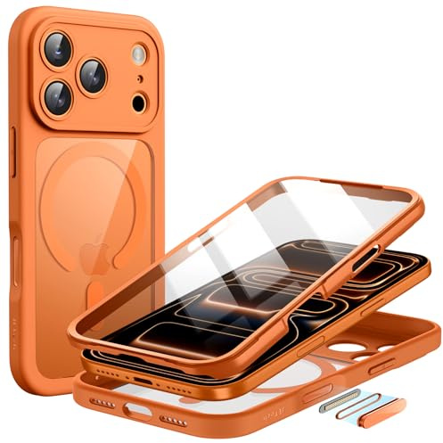 JETech Coque pour iPhone 17 Pro 6,3 Pouces avec Protection D'écran en Verre Trempé Intégrée et Bouton de Contrôle de Caméra, Compatible avec MagSafe, Étui Housse Intégrale à 360 Degrés (Orange)
