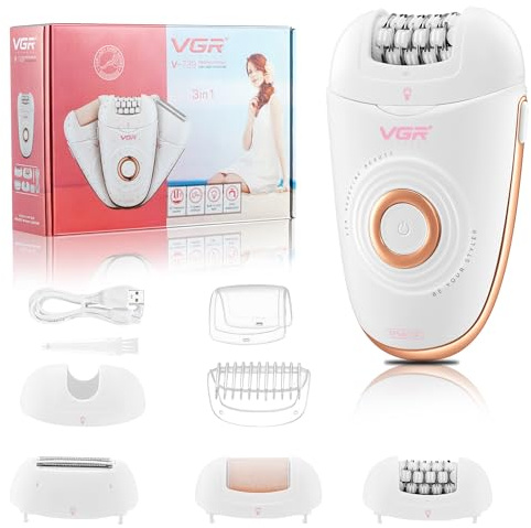 VGR 739 Epilateur Electrique Femme 3 En 1 Sans Fil IPX4 Pour Corps | Rasoir Electrique Femme Avec Epilateur Et Râpe Anti-Callosités, 2 Vitesses, Éclairage LED, Recharge USB Pour Visage Et Corps