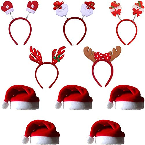 COSORO Costume Headwear 5Pcs Santa Hat & 5Pcs Christmas Headbands - Unisex Flannel Santa Claus Hat, Xmas Headbands for Christmas Party Goers - Gift for Adult/Kids