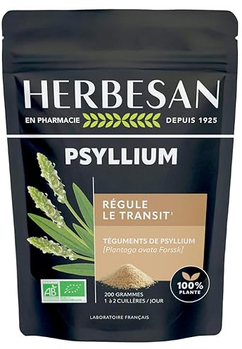 Psyllium blond bio - Téguments purs - Transit, digestion- Sachet refermable | Cure de 2 mois- Sachet refermable 200g- Transit, confort intestinal- Fabrication française – Vegan - Sans gluten – Herbesan