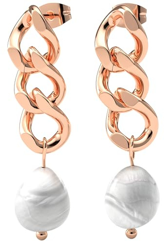 THIORA Perlen Gliederohrringe Damen Roségold | Edelstahl Ohrhänger 18kt Vergoldet | Chain Schmuck mit Süßwasserperle, 37mm (Rosegold-Perle)