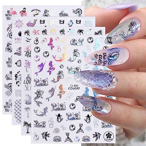 JMEOWIO Nagelsticker Strand 9 Blatt Nail Art Sticker Selbstklebend Nagelaufkleber Sommer Ozean Hai Tropisch Dekoration Nageldesign Zubehör