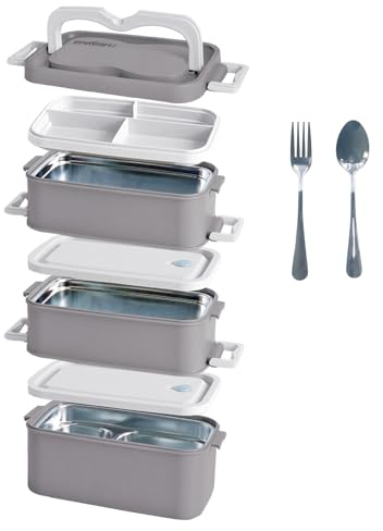 BAKESHU Bento Box,Stapelbare Lunchbox für Erwachsene,Frei kombinierbar 700-2200ml für Schule, Büro,Ausflug,Edelstahl Lunchbox mit Fächern,Auslaufsichere Brotdose mit Besteck (Brown)