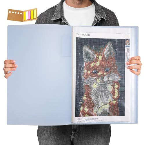 A3 Diamond Painting Storage Book Containers,Portfolio Folder for Artwork,Art Portfolios 60 Pages Pocket with Index Stickers,11.8 x 16.5 inch Clear Protector for Diamond Painting,Artwork(Blue)