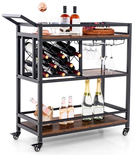 KOMFOTTEU Küchenwagen auf Rollen Industriell, Servierwagen mit Flaschenhalter für 8 Flaschen und Glashalter, 3-stöckiger Barwagen Beistellwagen für Hausbar Küche 91x36x92 cm (rustikales Braun)