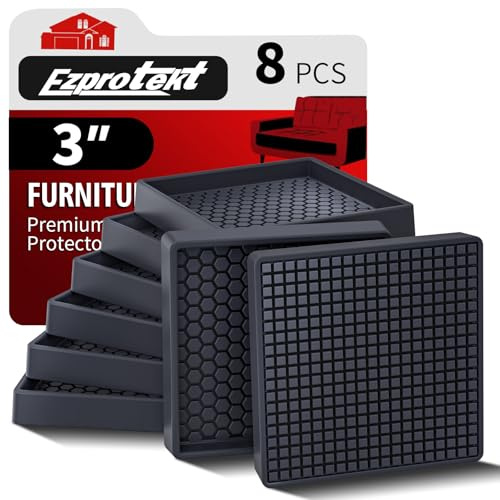 Furniture Coasters - 3x3 Non Slip Furniture Pads for Hardwoods Floors, 8 PCS Round Rubber Non Skid Furniture Caster Cups, Anti Slide Furniture Feet Floor Protectors for Bed Couch Stoppers (Black)