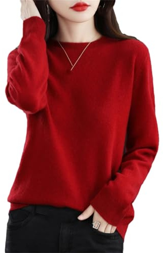 Maglione da donna in 100% lana merino a tinta unita girocollo pullover a maniche lunghe morbido basic jumper top, Borgogna, M