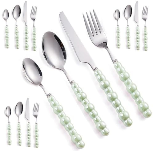 Pärlkeramiskt Handtag Kök Rostfritt Stål Silverware Servis Bestick Bestick Set Creative Hotel Home Steak Knife Dessert Spoon (Grön,16 stycken)
