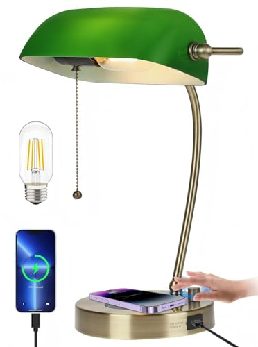 Newrays Lampada da scrivania per banchieri in vetro verde con caricabatterie wireless, porta di ricarica USB per ufficio domestico, lampada da tavolo dimmerabile continua, apparecchio plug-in, lampadi