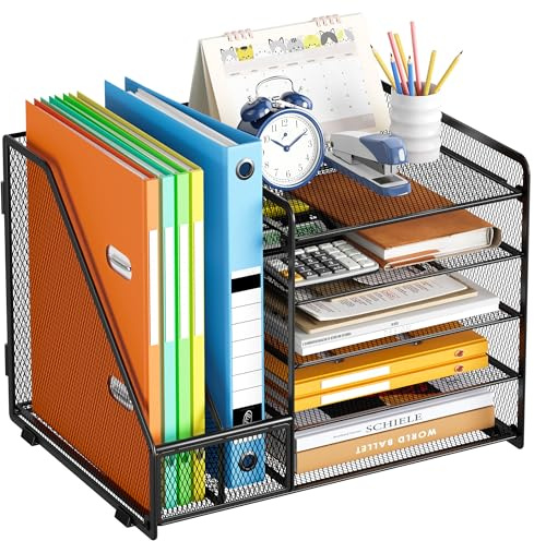VITVITI Estante de Escritorio con Soporte para Documentos, Estante de Escritorio de 5 Niveles con 2 Bandejas para Papel, Ideal para el Hogar, La Escuela y la Oficina, Negro Sin Cajones