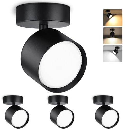 GeyouLux LED svängbar spotlight, 7 W 800LM dimbara takspotlights, 3 000K/4 000K/6 500K rotation 350°+90° LED-spotlight, aluminium rund svart svängbar LED-spotlight, 4 st
