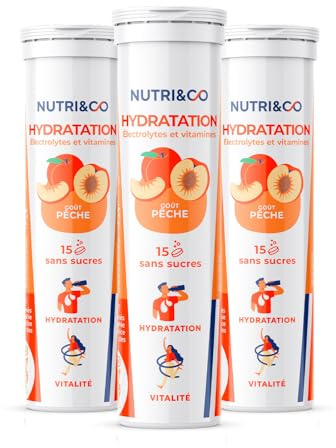 NUTRI & CO Electrolytes Hydratation - 5 Minéraux + 4 Vitamines - Sans Sucre ni Édulcorant - Goût Pêche 100% Naturel - 3 Tubes (45 Pastilles) - Fabriqué en France