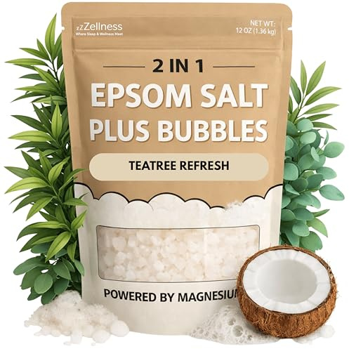 ZZZELLNESS Epsom Salt Plus Bubbles – Coconut & Teatree Scented Foaming Bath Soak – Magnesium Sulfate for Muscle Recovery, Stress Relief & Relaxation – Great for Aromatherapy – 12 oz