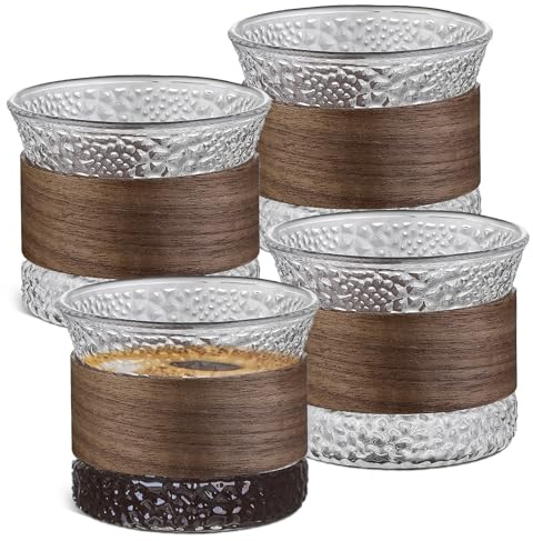 Lot de 4 tasses à espresso en verre - 150 ml avec manchon en bois de noyer, tasses à cappuccino, tasses à thé, set de tasses à espresso, verres à cappuccino, set de tasses à moka pour les amateurs de