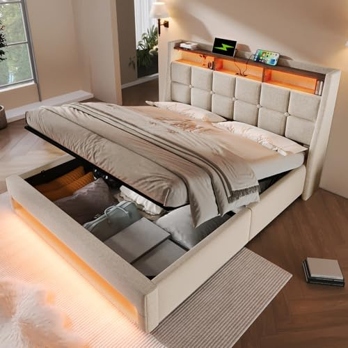 Super King Size Ottoman Bed with Hydraulic Lift & LED Storage Headboard,6ft Upholstered Platform Bed Frame with LED Lighting & USB Charging,Gas Lift Up Fabric Storage Bed with Slats,Beige,No Mattress