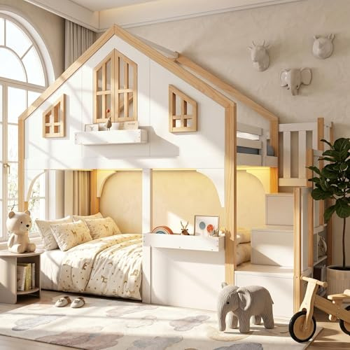 Xfholl 3ft Bunk Wooden Bed with LED Lighting and Storage Stairs, House Bed for Children, Window-Shaped, White + Natural, 90 x 190 cm (No Mattress)