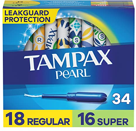 Tampax Pearl Tampons Multipack, Regular/Super Absorbency, with Leakguard Braid, Unscented, 34 Count