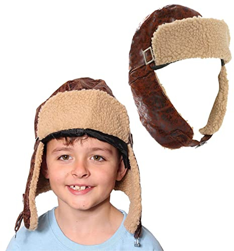 Child VE Day 1940s Aviator Hat Ww2 Pilot Fancy Dress Cap Distressed Leather Look Fancy Dress Accessory (Child Size) - Pack Of 1