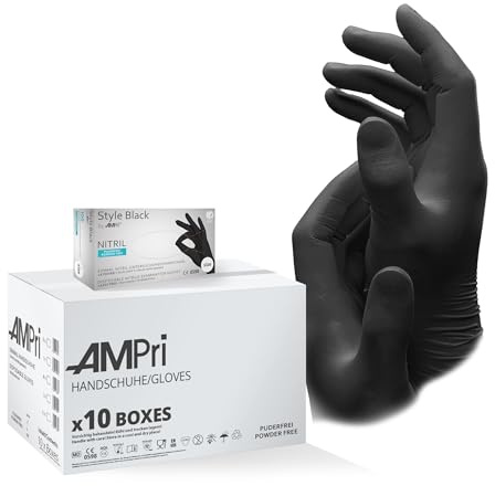 AMPRI Nitrilhandschuhe, schwarz, 10 Box a 100 Stk, Größe S, puderfrei, Style Black by Med-Comfort: Nitril Einmalhandschuhe, Einweghandschuhe in den Größen XS, S, M, L, XL, XXL