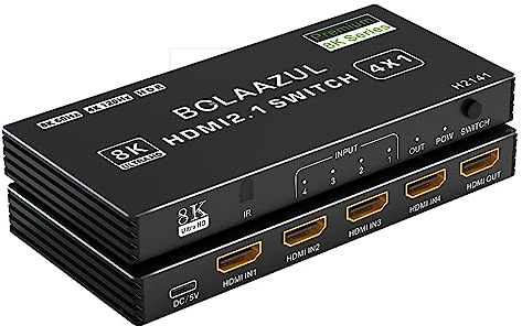BolAAzuL Switch HDMI 4K 120Hz 4 Entrées 1 Sortie Commutateur HDMI 2.1 Multiprise HDM I 4 in 1 Out Splitter Switcher Hub avec Télécommande Supporte 8K@60Hz 2K@144Hz HDR 48Gbps pour TV Xbox Series X PS5
