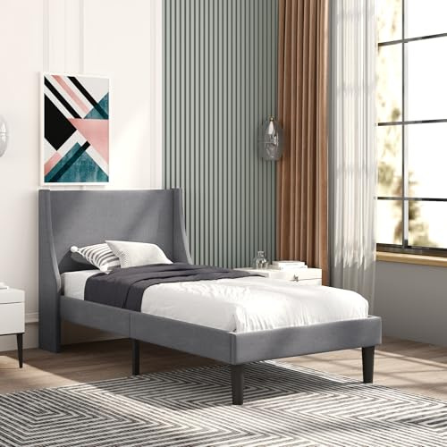 Merax Single Bed Frame 3FT Upholstered Bed with Winged Headboard, Wood Slat Support, Strong Comfortable Single Bed, Bedroom Furniture, Soft Linen Grey