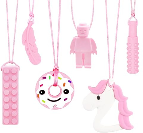 Chew Toys for Autistic Children, 6 Pack Sensory Chew Necklace Made of Food Grade Silicone for Kids, Safe Teethers Toy for Baby Boys Girls with Teething, Biting Needs, Oral Motor Chewy, Autistic