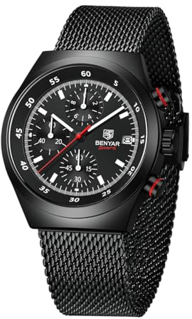 BENYAR by Herrenuhr Quarzwerk 30M Wasserdicht Chronograph Datum Edelstahl Mesh-Armband(schwarz)