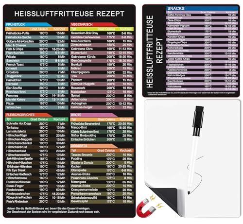 VUNKQU Magnetischer Spickzettel Set für Heißluftfritteuse Rezepte, für Airfryer Zubehör Kochbuch Heißluftfritteuse Kochführer, Liste mit 107 Lebensmitteln in 6 Kategorien