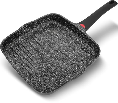 CAINFY 11 Inch Non Stick Grill Pan Granite Coated with Pour Spout - Lightweight 2.66 Quart Grill Pan for Indoor Cooking with Grip Handle - Induction Compatible PFOA Free Stove Top (Black)