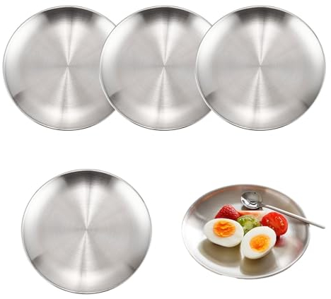 ZHYUAN 4 piezas 20 cm Platos Redondos de Acero Inoxidable,platos redondos de metal,vajilla redonda de acero inoxidable,platos planos de metal, para camping, picnic, senderismo, cocina