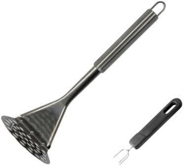 Fackelmann 9932550 Duo Kartoffelstampfer und Kartoffelgabel, Kartoffelstampfer, Kartoffelspieß, Edelstahl, Kunststoff, Silber, Schwarz, 25,5 x 8,3 x 8 cm